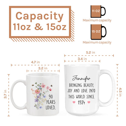 90 Years Loved - Personalized 90th Birthday gift For 90 Year Old Women - Custom Mug - MyMindfulGifts