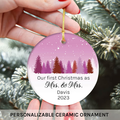 Our First Christmas as Mrs. & Mrs. - Personalized First Christmas gift For Lesbian Couple - Custom Circle Ceramic Ornament - MyMindfulGifts