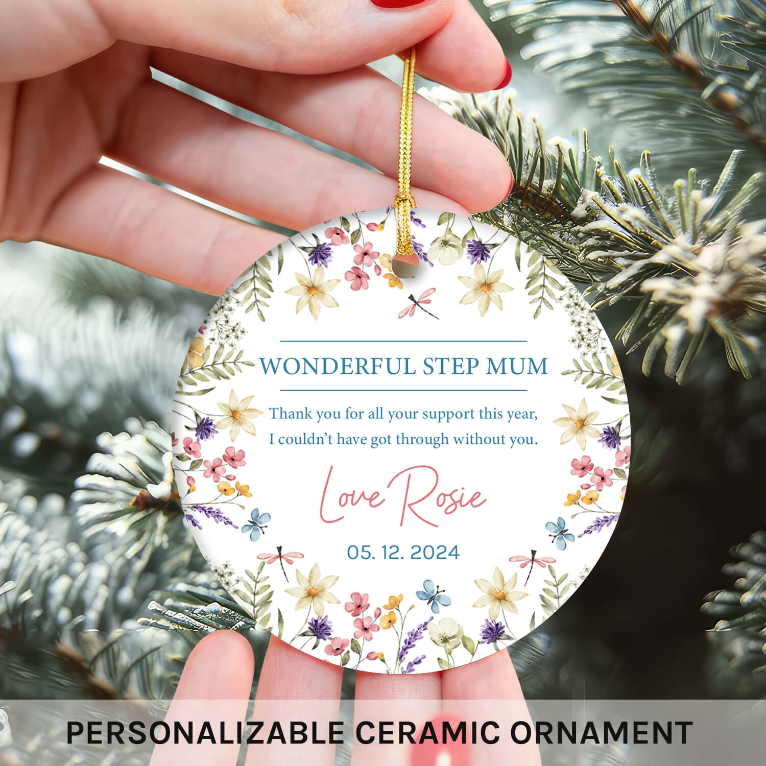 Wonderful Step Mum - Personalized Mother's Day, Birthday, Valentine's Day or Christmas gift For Step Mom - Custom Circle Ceramic Ornament - MyMindfulGifts