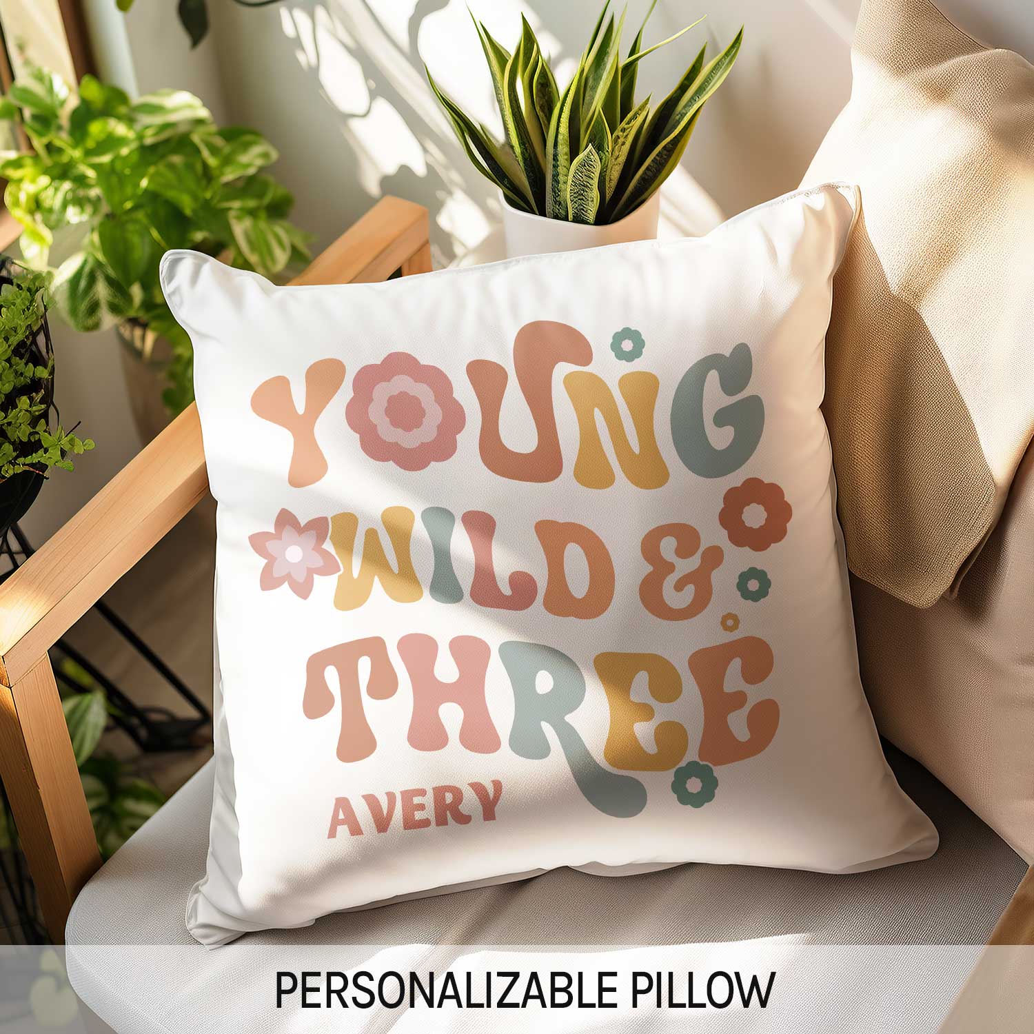 Young, Wild & Three - Personalized 3rd Birthday gift For 3 Year Old - Custom Pillow - MyMindfulGifts