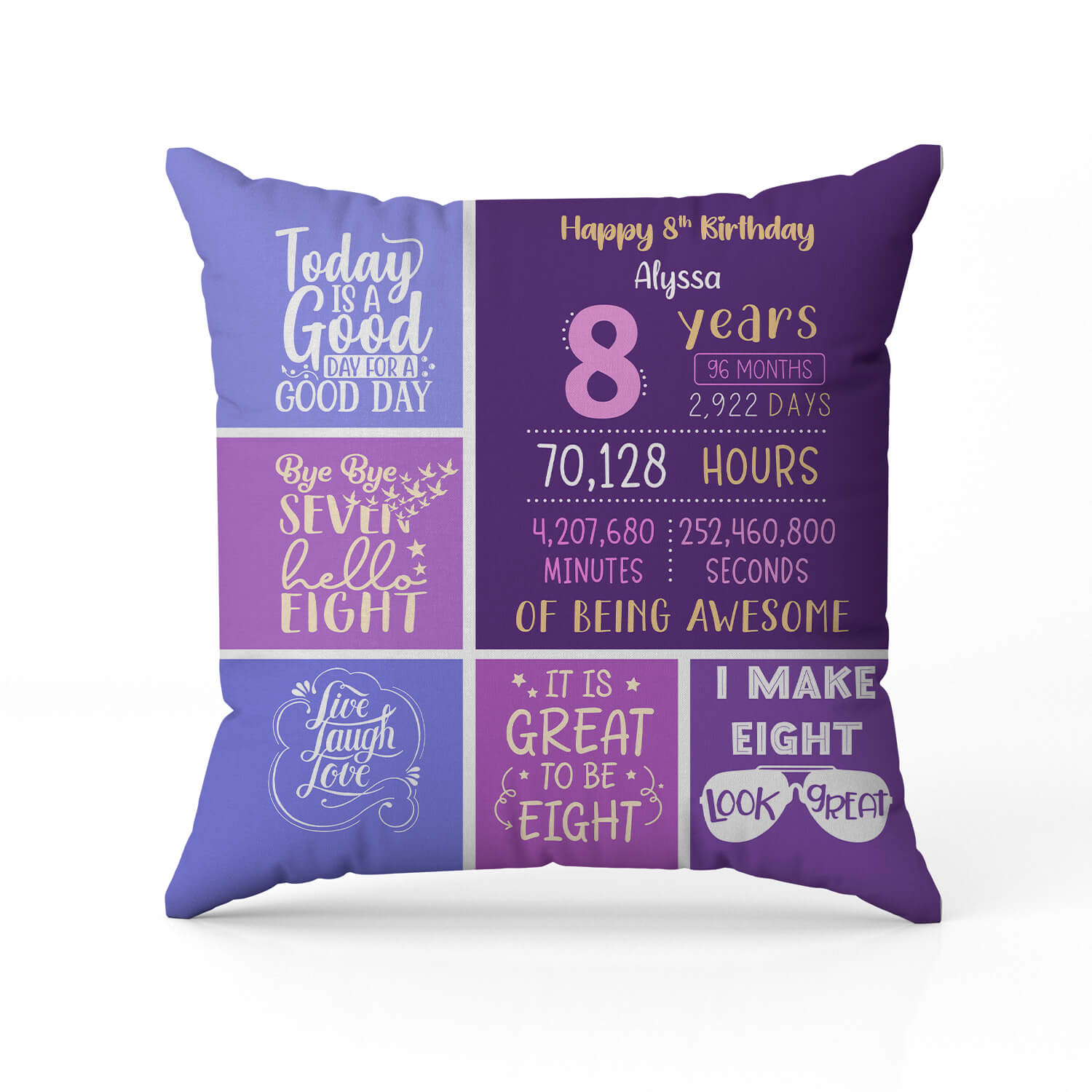 Happy 8th Birthday - Personalized 8th Birthday gift For 8 Year Old - Custom Pillow - MyMindfulGifts