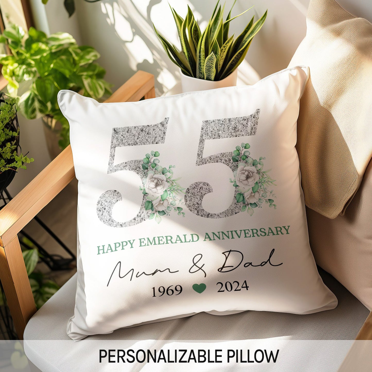 Happy Emerald Anniversary - Personalized 55 Year Anniversary gift For Parents - Custom Pillow - MyMindfulGifts