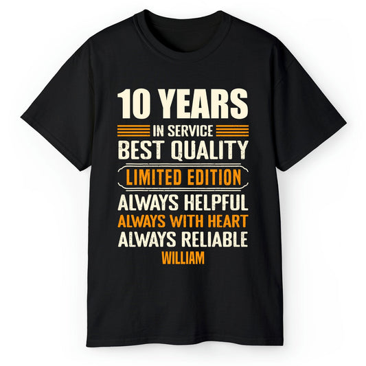 10 Years In Service - Personalized 10th Work Anniversary gift For Employee or Coworker - Custom Tshirt - MyMindfulGifts