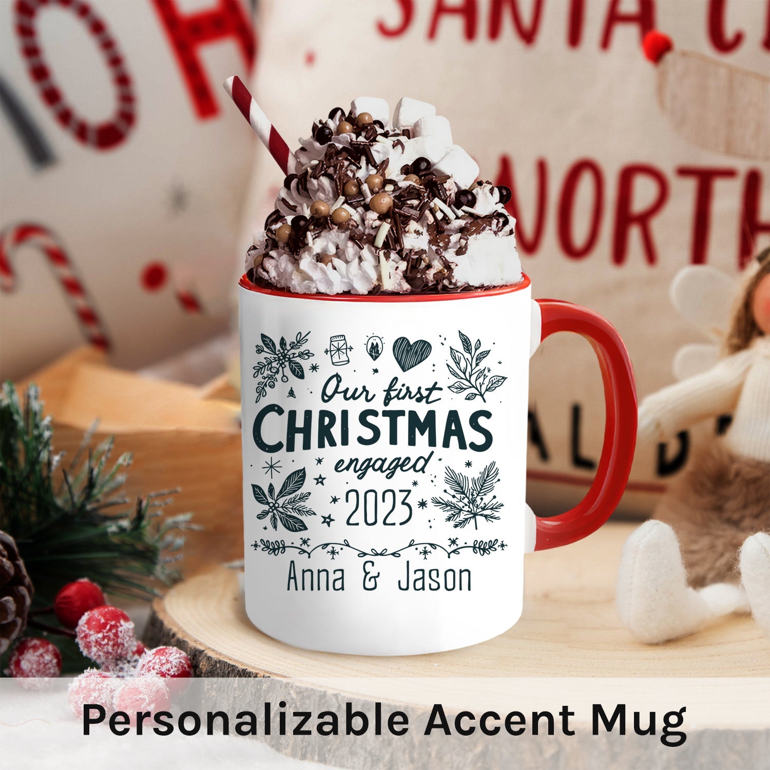 Our First Christmas Engaged - Personalized First Christmas gift For Fiance - Custom Accent Mug - MyMindfulGifts