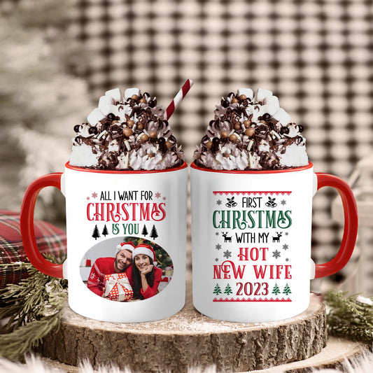 First Christmas With My Hot New Wife - Personalized First Christmas gift For Husband or Wife - Custom Accent Mug - MyMindfulGifts