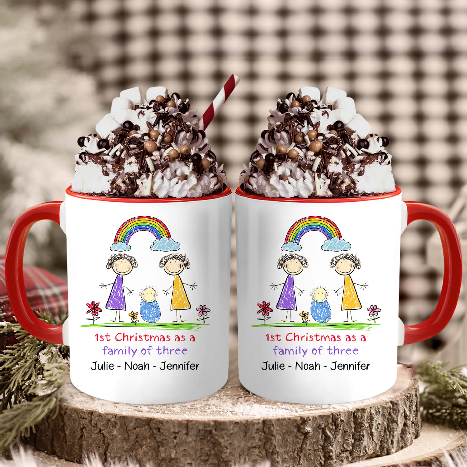 First Christmas As A Family Of Three - Personalized First Christmas gift For Lesbian Couple - Custom Accent Mug - MyMindfulGifts