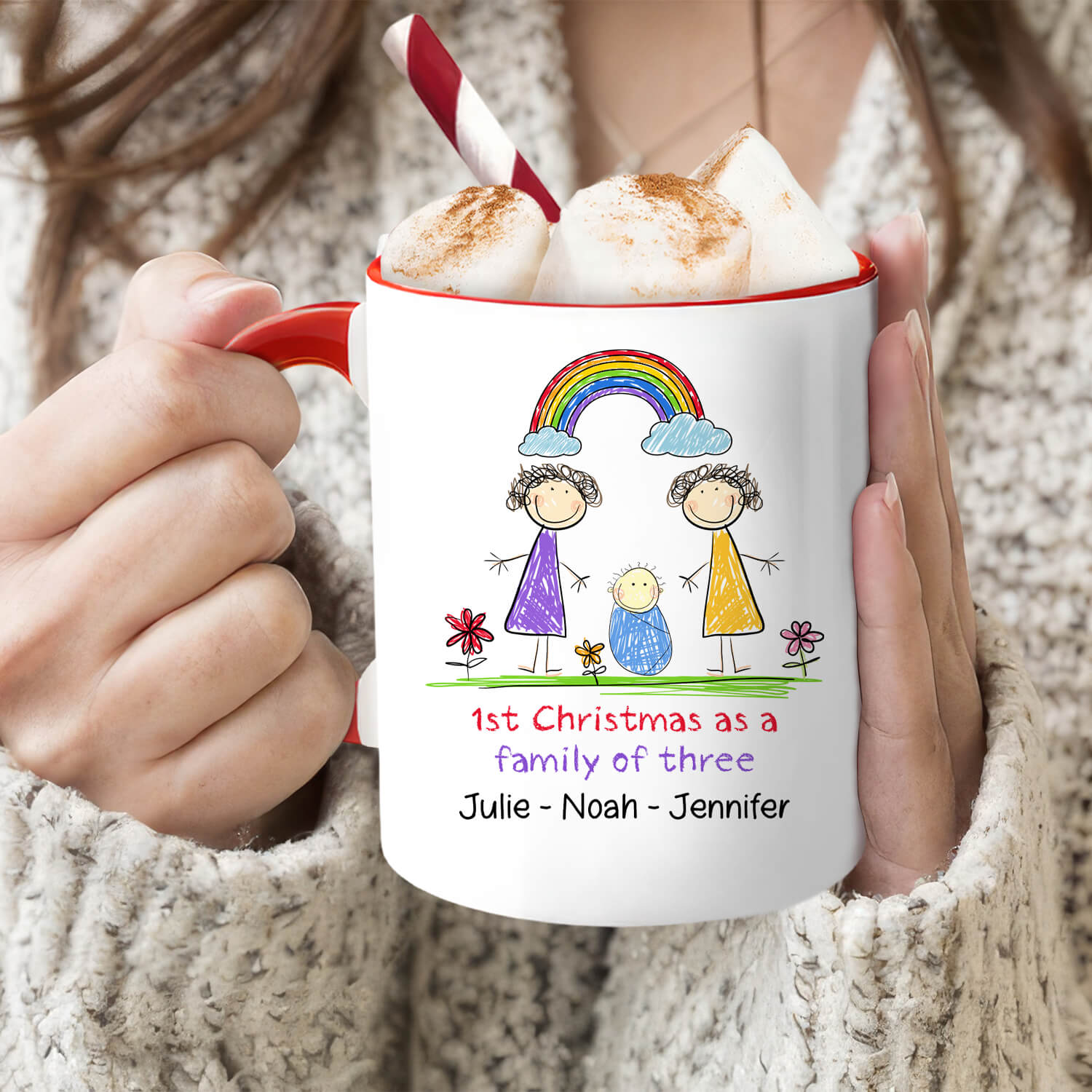 First Christmas As A Family Of Three - Personalized First Christmas gift For Lesbian Couple - Custom Accent Mug - MyMindfulGifts