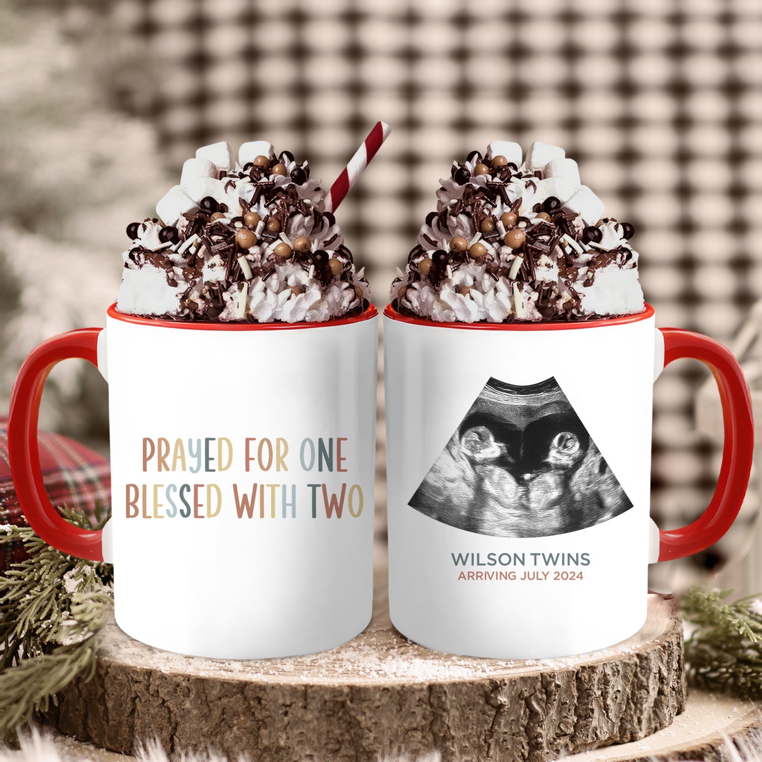 Prayed For One Blessed With Two - Personalized Christmas Twin Pregnancy Announcement gift For Family - Custom Accent Mug - MyMindfulGifts