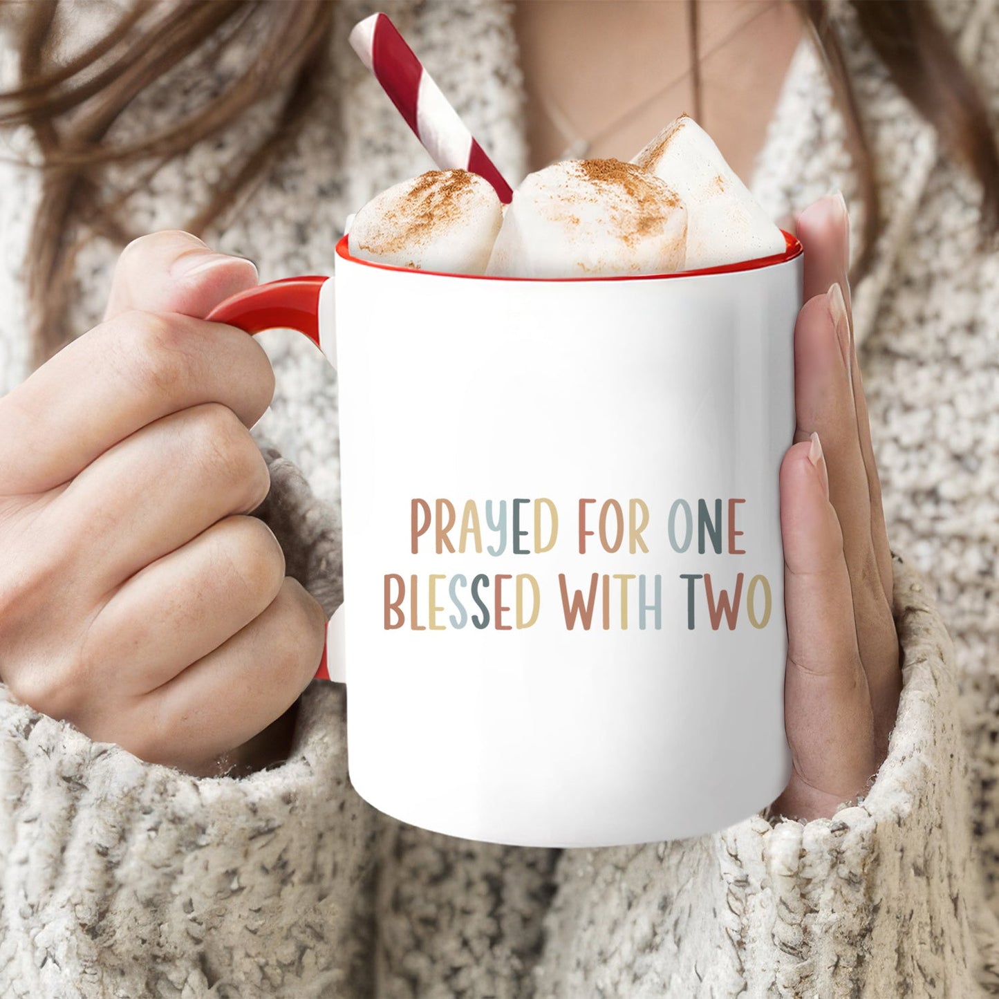 Prayed For One Blessed With Two - Personalized Christmas Twin Pregnancy Announcement gift For Family - Custom Accent Mug - MyMindfulGifts