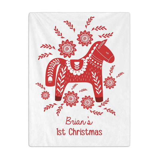 Swedish Dala Horse Traditional Folk Art - Personalized First Christmas gift For Baby - Custom Baby Blanket - MyMindfulGifts