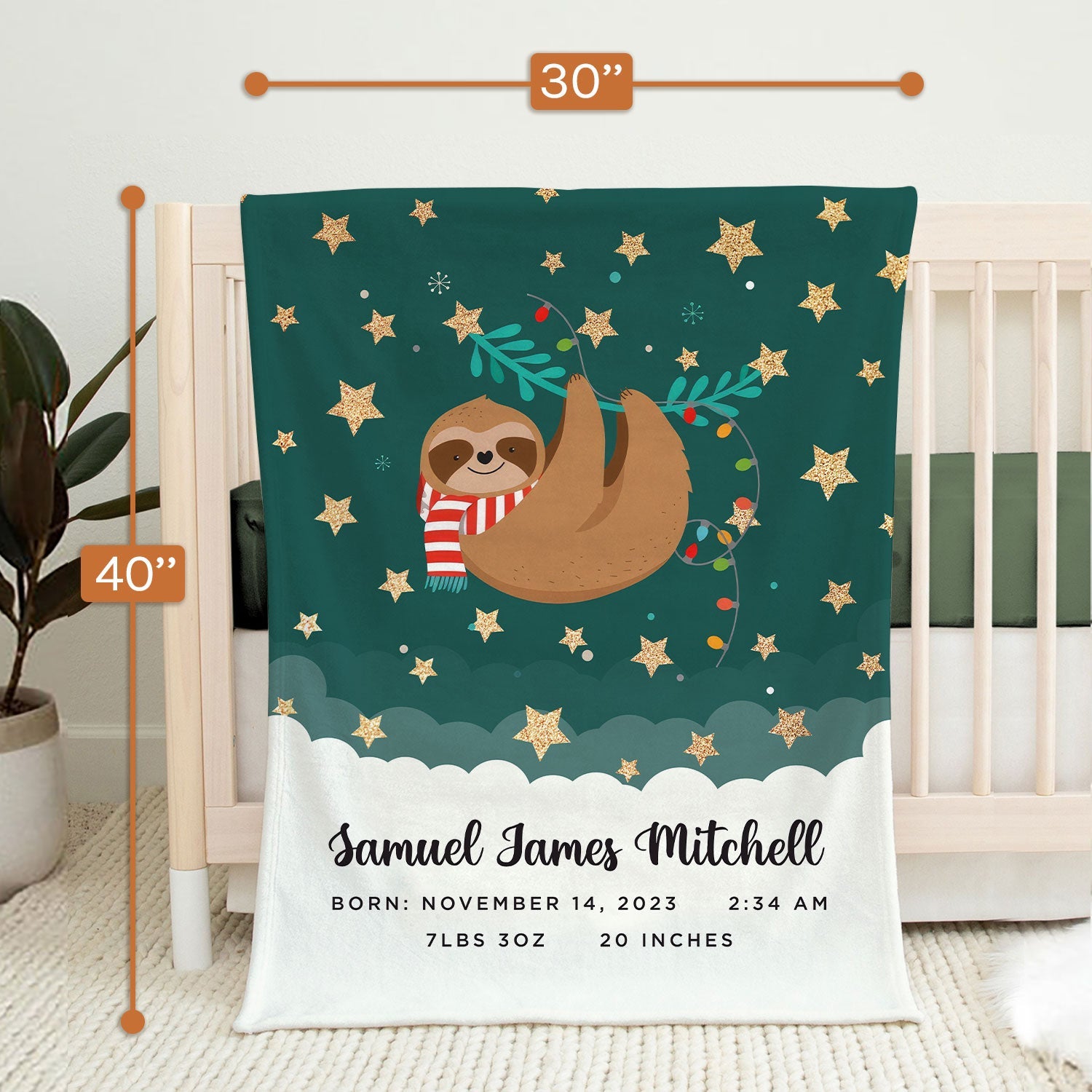 Baby Sloth Newborn Stats - Personalized First Christmas gift For Baby - Custom Baby Blanket - MyMindfulGifts