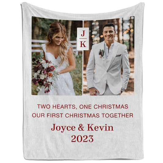 Two Hearts One Christmas - Personalized First Christmas gift For Husband or Wife - Custom Blanket - MyMindfulGifts