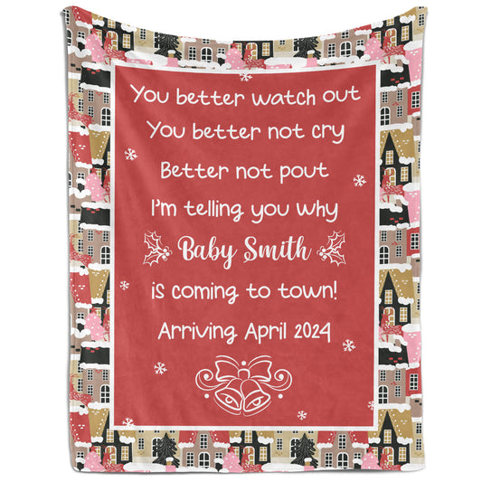 Baby Is Coming To Town - Personalized Christmas Pregnancy Announcment gift For Family - Custom Blanket - MyMindfulGifts