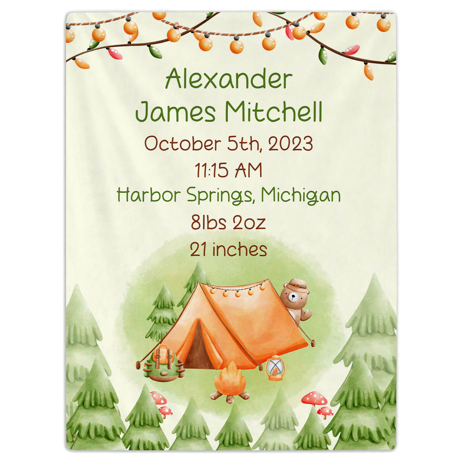 Boys Cute Forest Bear Camping Birth Stats & Name - Personalized Birthday or Christmas gift For Baby - Custom Baby Blanket - MyMindfulGifts