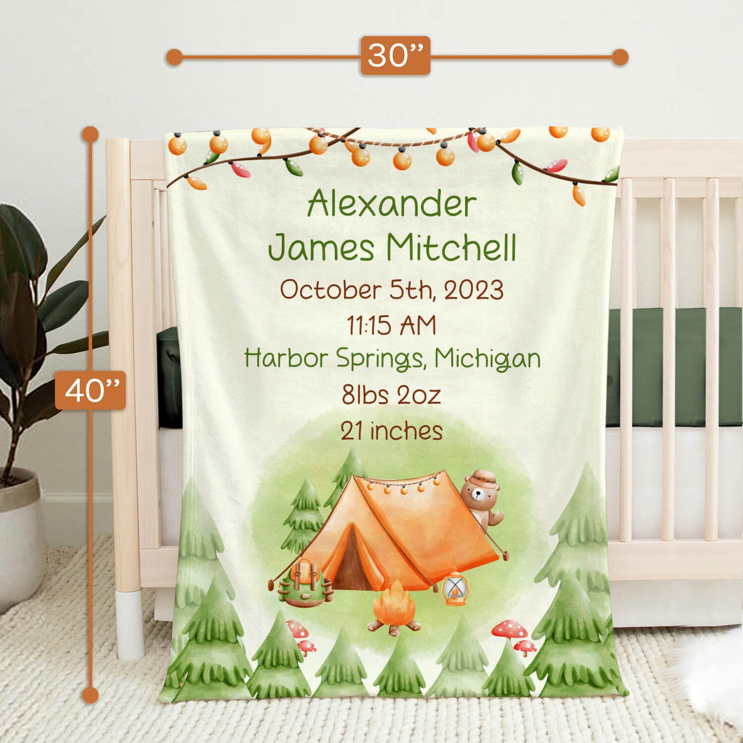 Boys Cute Forest Bear Camping Birth Stats & Name - Personalized Birthday or Christmas gift For Baby - Custom Baby Blanket - MyMindfulGifts