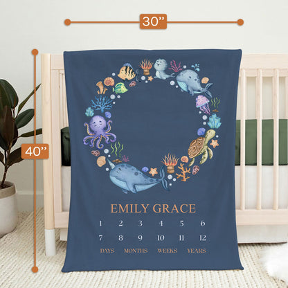 Baby Milestone Ocean Animal Wreath - Personalized Birthday or Christmas gift For Baby - Custom Baby Blanket - MyMindfulGifts