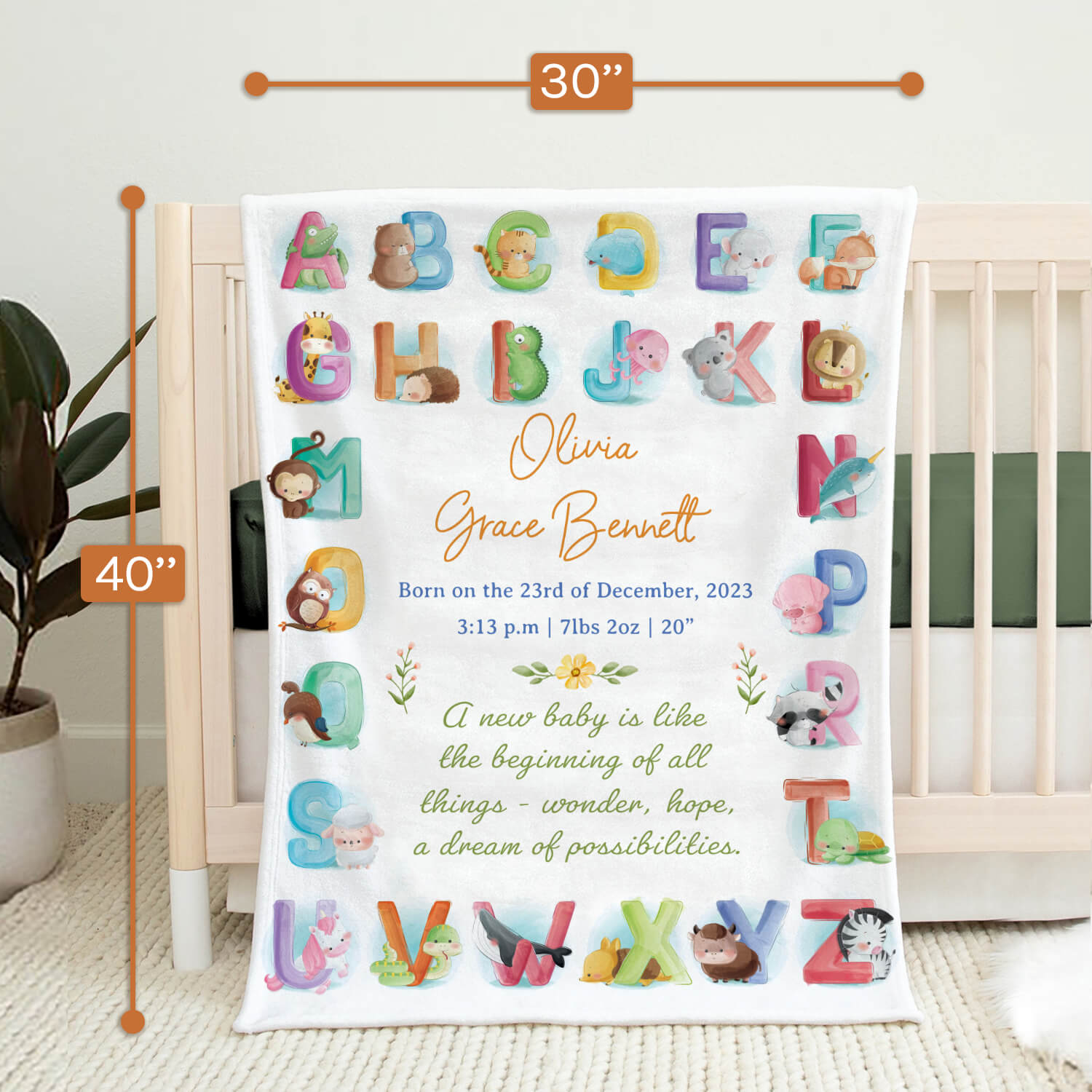 Animal Alphabet - Personalized Birthday or Christmas gift For Baby - Custom Baby Blanket - MyMindfulGifts