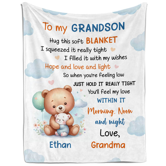 To My Grandson Bear Blanket - Personalized Valentine's Day, Birthday or Christmas gift For Grandson - Custom Blanket - MyMindfulGifts