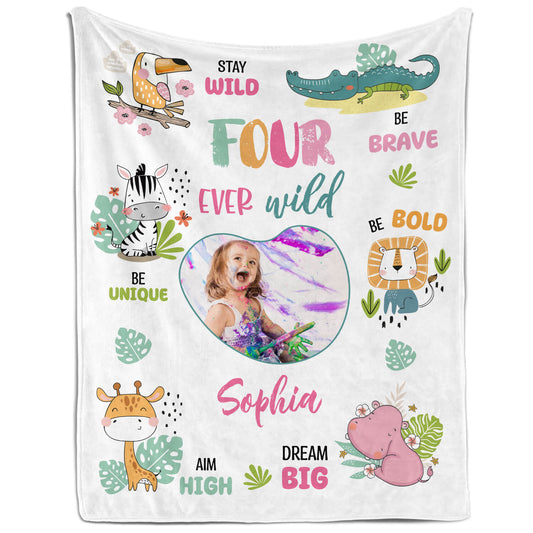 Four Ever Wild - Personalized 4th Birthday gift For 4 Year Old - Custom Blanket - MyMindfulGifts