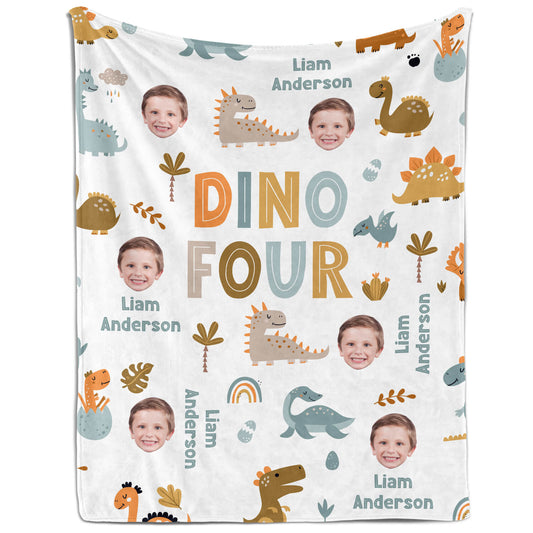 Dino Four - Personalized 4th Birthday gift For 4 Year Old - Custom Blanket - MyMindfulGifts
