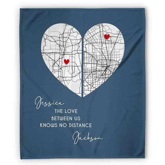 Love Knows No Distance Map - Personalized Anniversary or Valentine's Day gift for Long Distance Boyfriend or Girlfriend - Custom Blanket - MyMindfulGifts