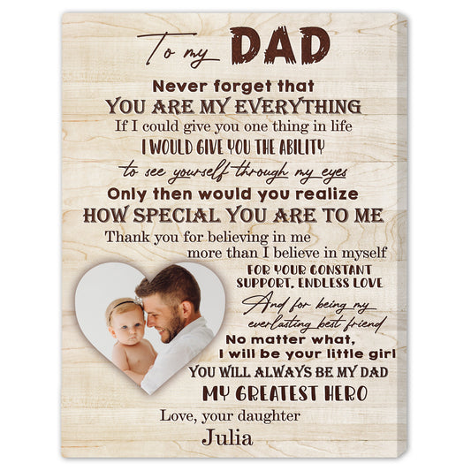 My Greatest Hero - Personalized Father's Day or Birthday gift for Dad from Daughter - Custom Canvas Print - MyMindfulGifts