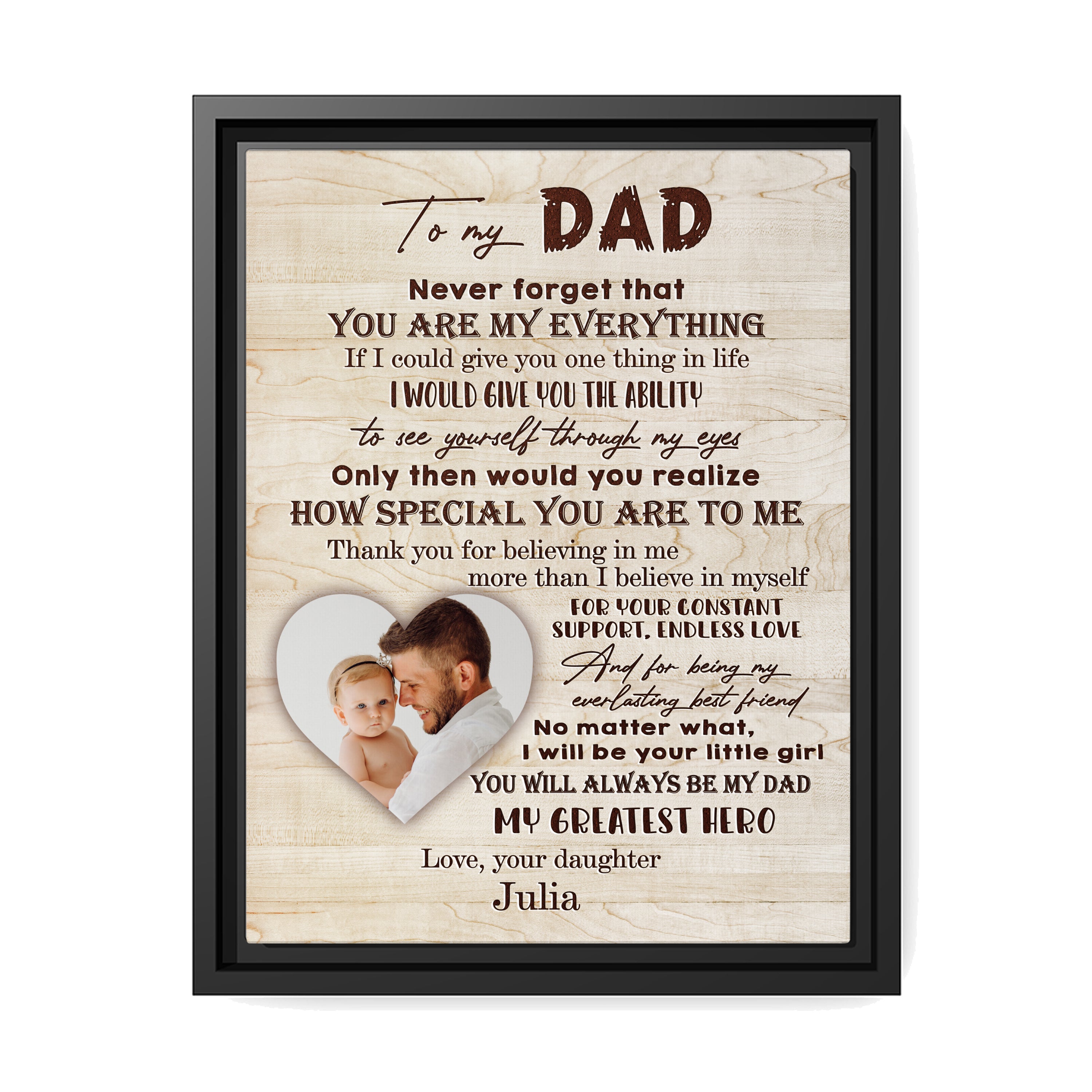 My Greatest Hero - Personalized Father's Day or Birthday gift for Dad from Daughter - Custom Canvas Print - MyMindfulGifts