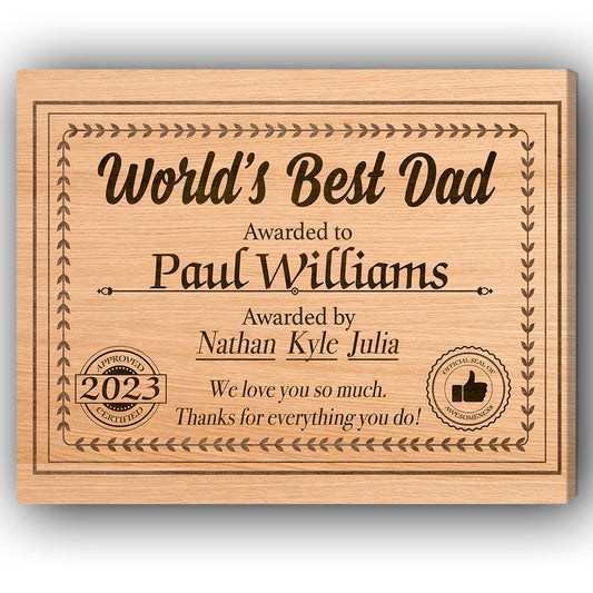 World's best dad awared to - Personalized Father's Day gift for Dad, for step Dad   - Custom Canvas Print - MyMindfulGifts