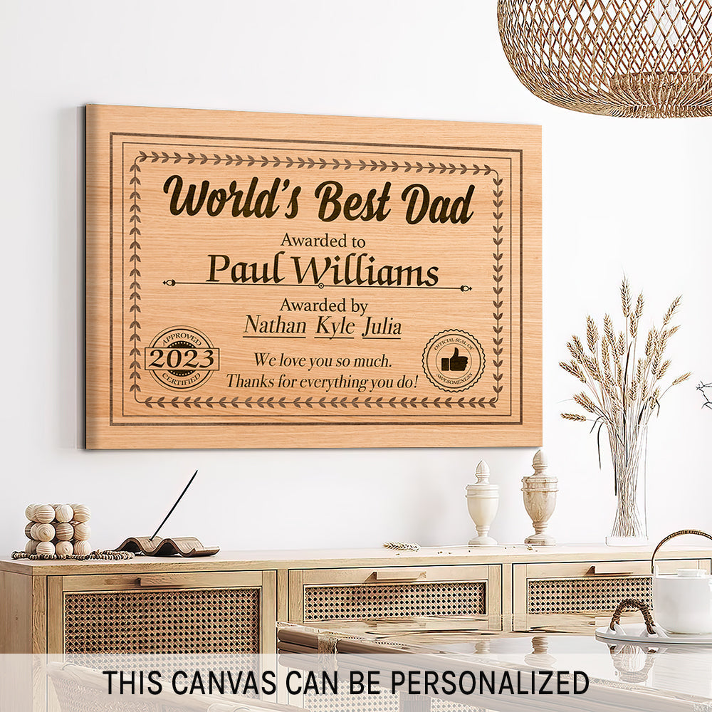 World's best dad awared to - Personalized Father's Day gift for Dad, for step Dad   - Custom Canvas Print - MyMindfulGifts