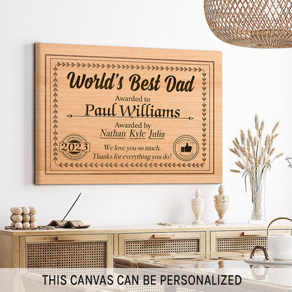 World's best dad awared to - Personalized Father's Day gift for Dad, for step Dad   - Custom Canvas Print - MyMindfulGifts