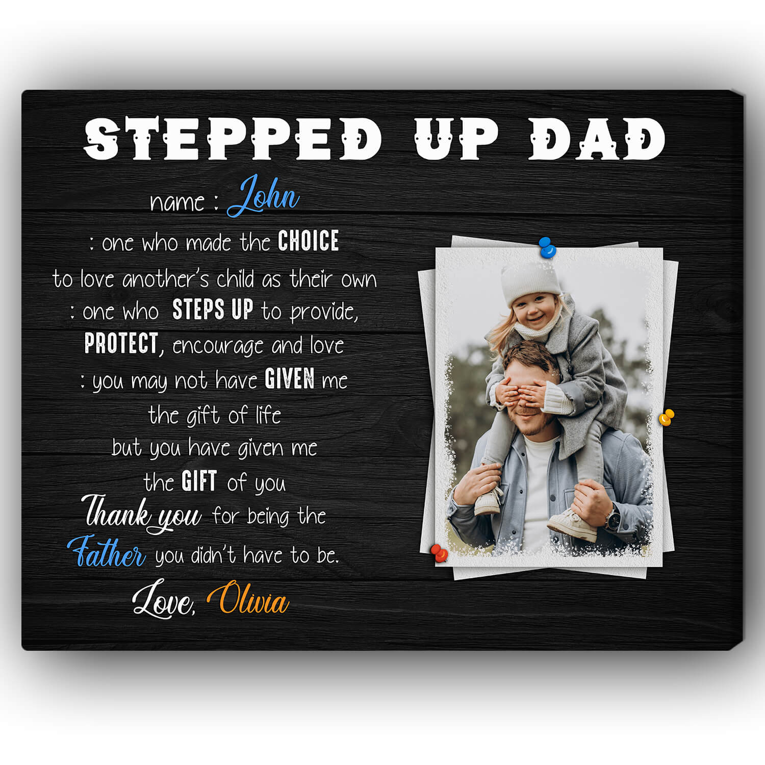 Stepped up Dad - Personalized Father's Day or Birthday gift for Step Dad - Custom Canvas Print - MyMindfulGifts
