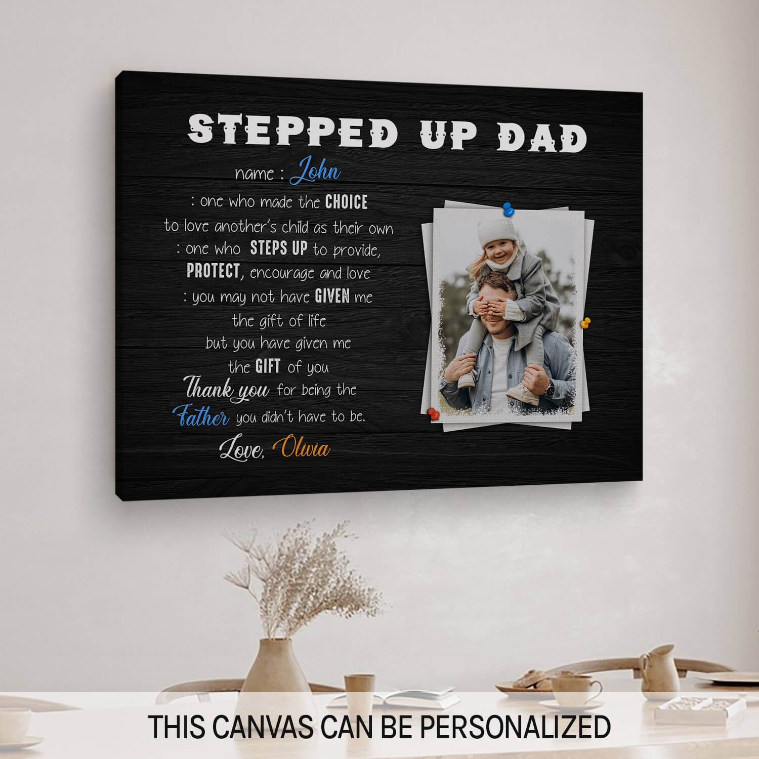 Stepped up Dad - Personalized Father's Day or Birthday gift for Step Dad - Custom Canvas Print - MyMindfulGifts