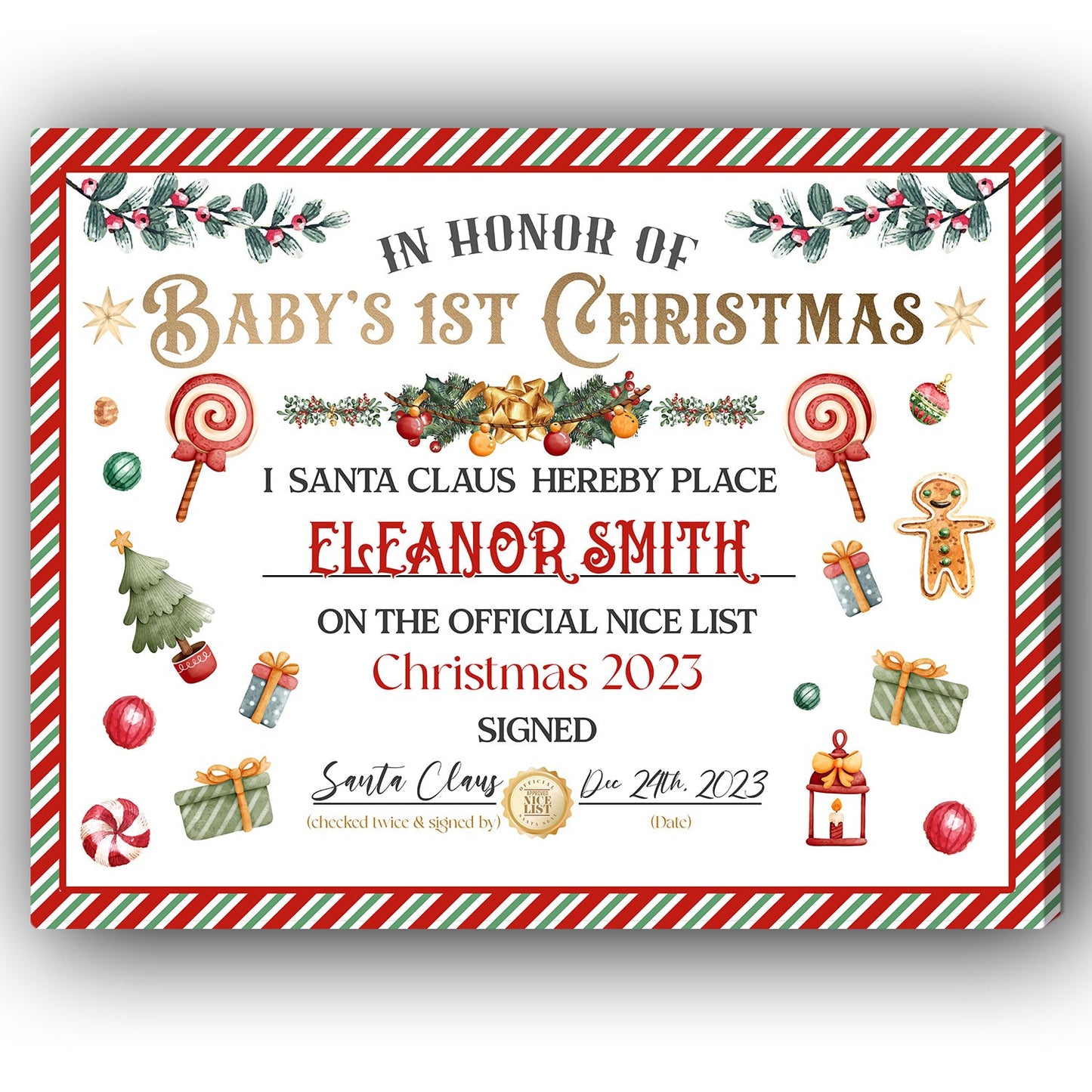 Baby 1st Christmas Certificate - Personalized First Christmas gift for Baby - Custom Canvas Print - MyMindfulGifts