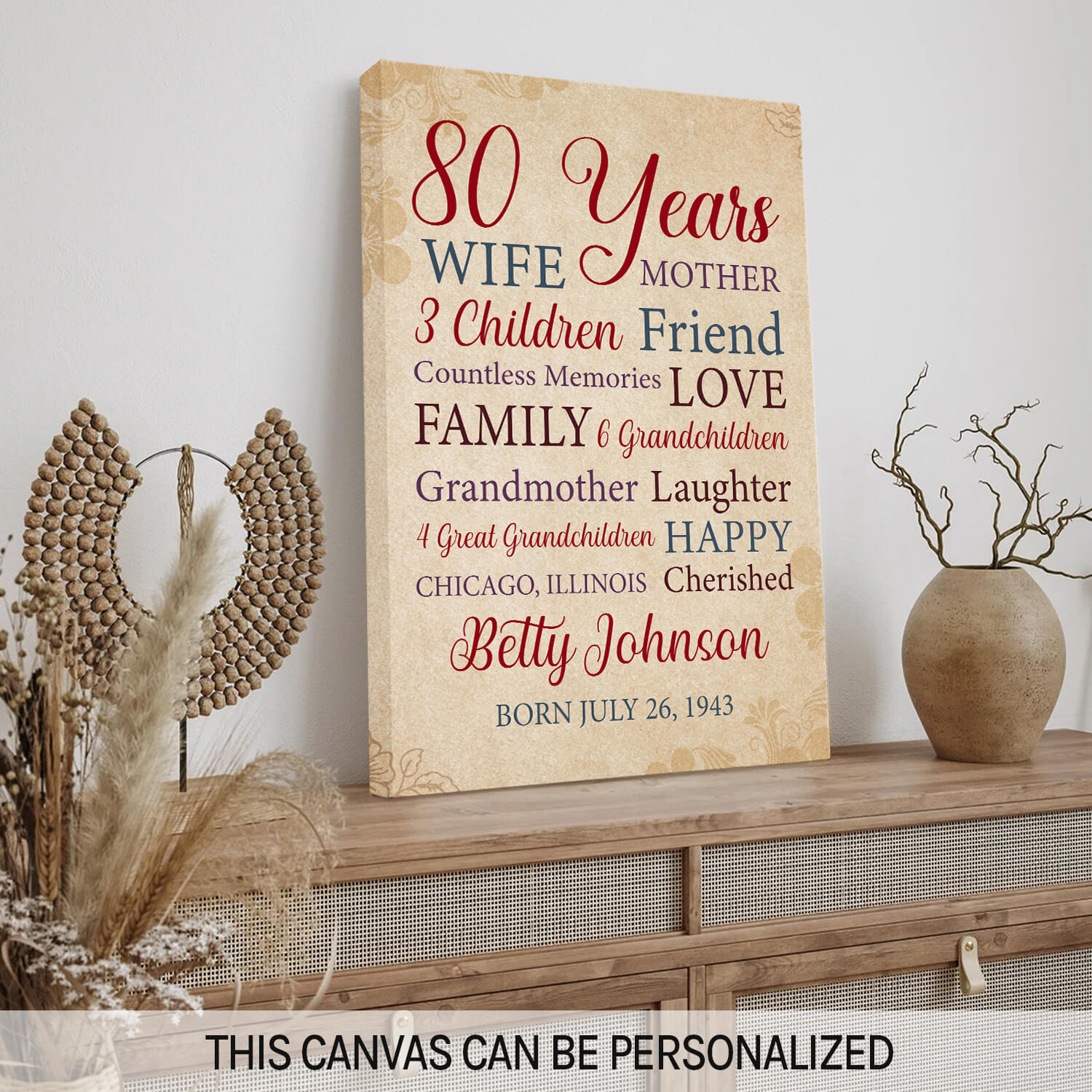 80 Years - Personalized 80th Birthday gift For Mom, Wife or Grandma - Custom Canvas Print - MyMindfulGifts