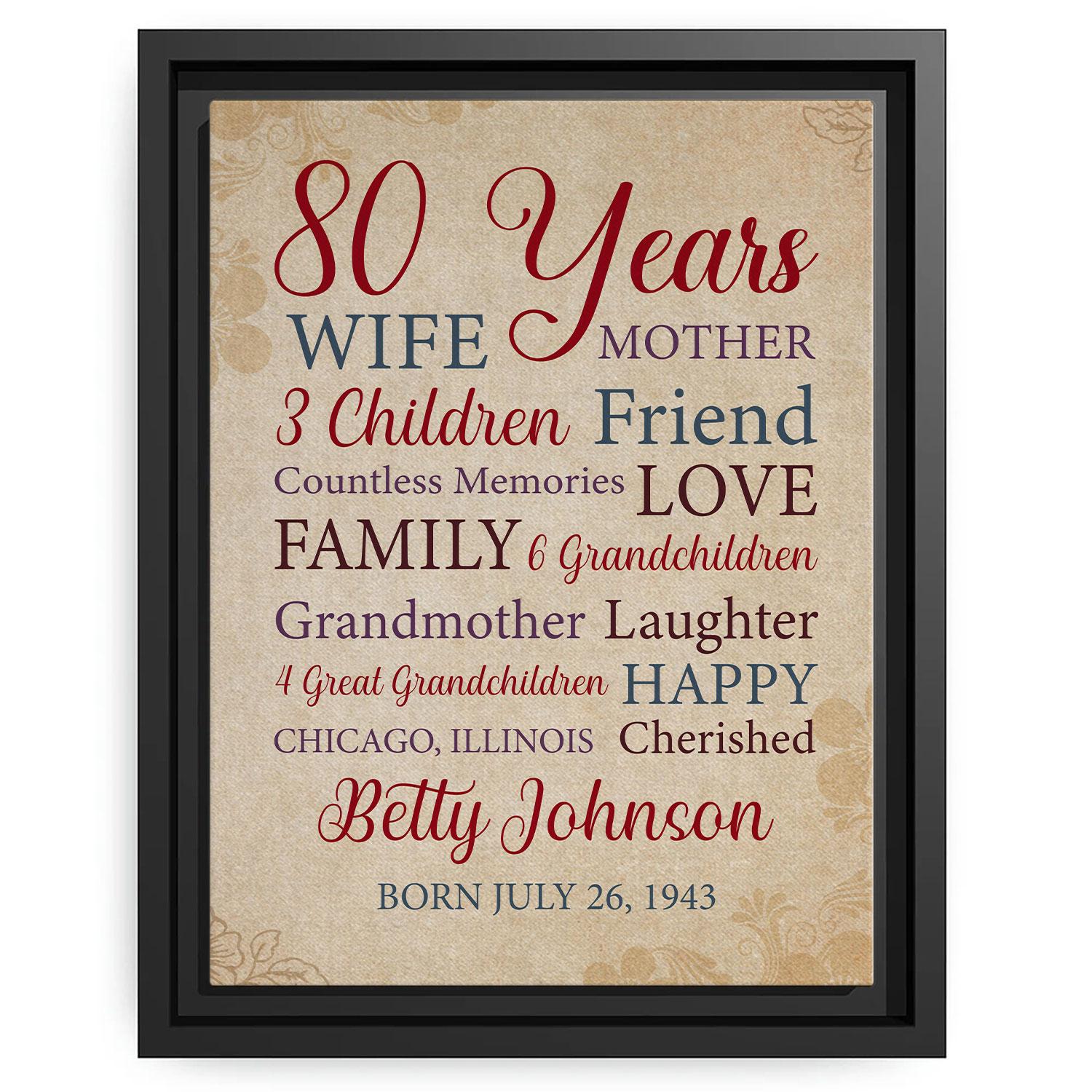 80 Years - Personalized 80th Birthday gift For Mom, Wife or Grandma - Custom Canvas Print - MyMindfulGifts