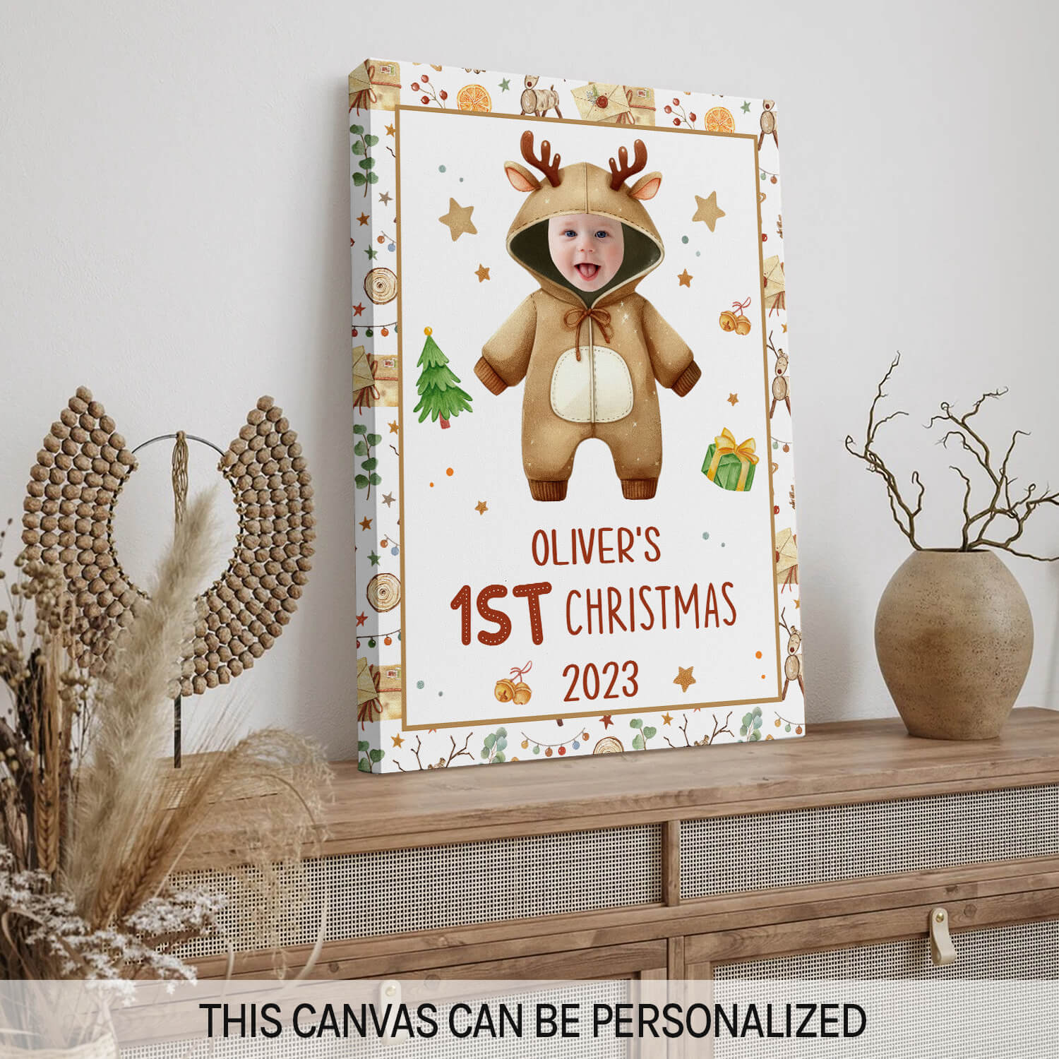 Baby Reindeer 1st Christmas - Personalized First Christmas gift For Baby - Custom Canvas Print - MyMindfulGifts