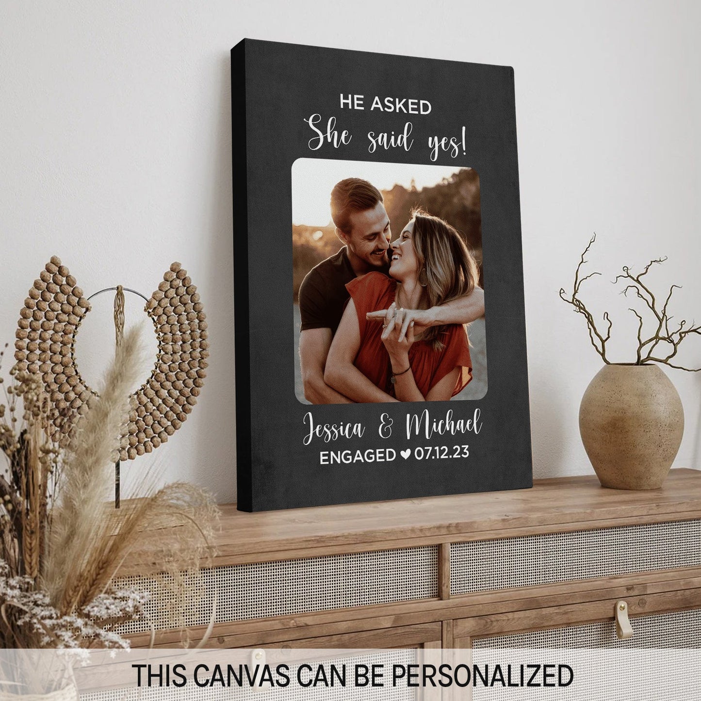 He Asked She Said Yes - Personalized Engagement, Valentine's Day or Christmas gift For Fiance - Custom Canvas Print - MyMindfulGifts
