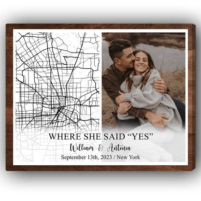 Where She Said Yes - Personalized Engagement or Valentine's Day gift For Fiance - Custom Canvas Print - MyMindfulGifts