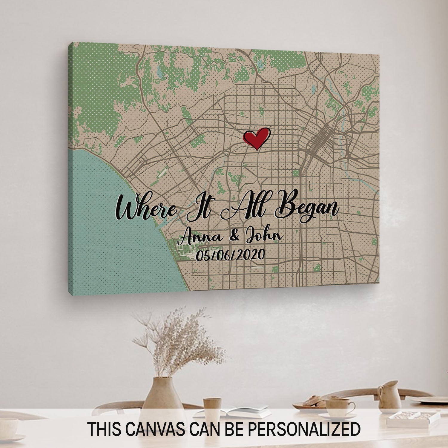 Where It All Began Horizontal Map - Personalized Anniversary, Valentine's Day gift for couple - Custom Canvas - MyMindfulGifts