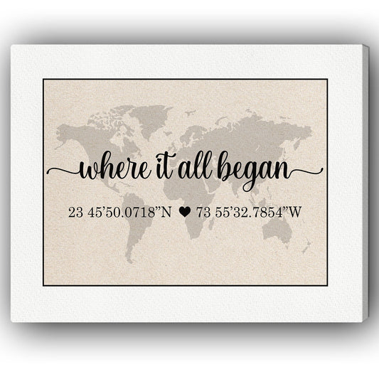 Where It All Began Coordinates Print - Personalized Anniversary, Valentine's Day gift for couple - Custom Canvas - MyMindfulGifts
