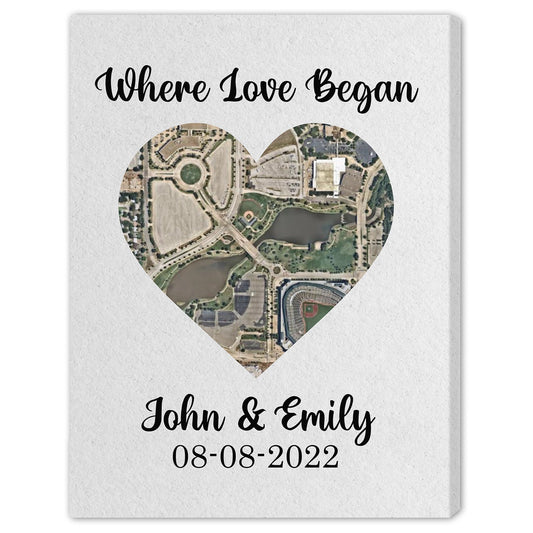 Where Love Began - One Heart Satellite Map - Personalized Wedding Anniversary, Valentine's Day gift for Husband for Wife - Custom Canvas - MyMindfulGifts