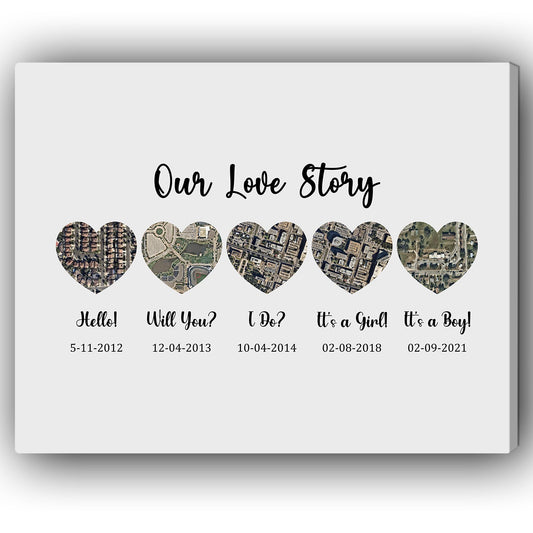 Our Love Story - Personalized Wedding Anniversary, Valentine's Day gift for Husband or Wife - Custom Map Canvas - MyMindfulGifts