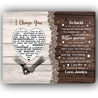 I Choose You - Personalized Wedding Anniversary or Valentine's Day gift for Husband or Wife - Custom Canvas - MyMindfulGifts