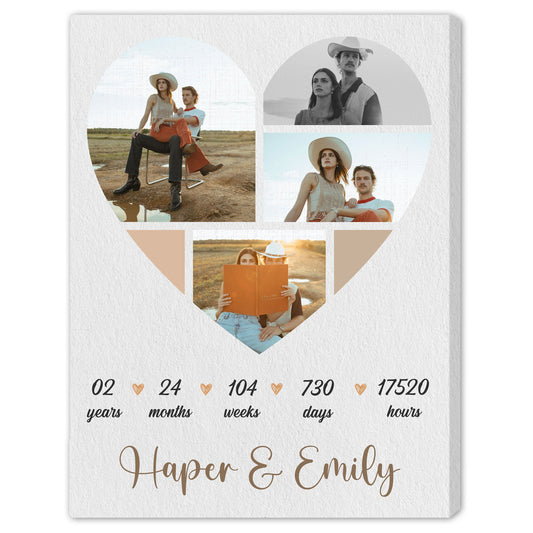 2nd Year Anniversary Heart Shaped Photo Collage - Personalized 2 Year Wedding Anniversary gift for Husband for Wife - Custom Canvas - MyMindfulGifts