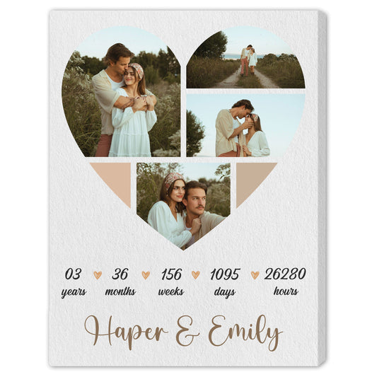3rd Year Anniversary Heart Shaped Photo Collage - Personalized 3 Year Wedding Anniversary gift for Husband for Wife - Custom Canvas - MyMindfulGifts