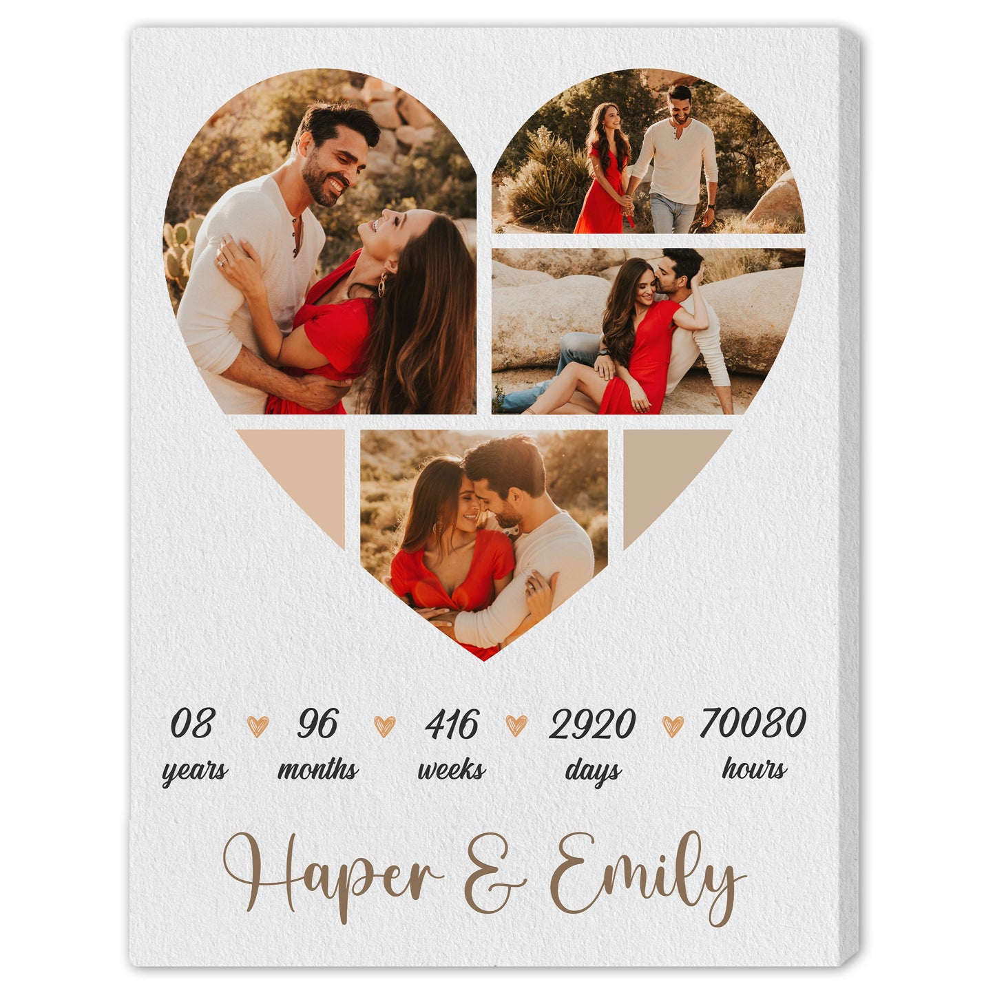 8th Anniversary Heart Shaped Photo Collage - Personalized 8 Year Wedding Anniversary gift for Husband for Wife - Custom Canvas - MyMindfulGifts