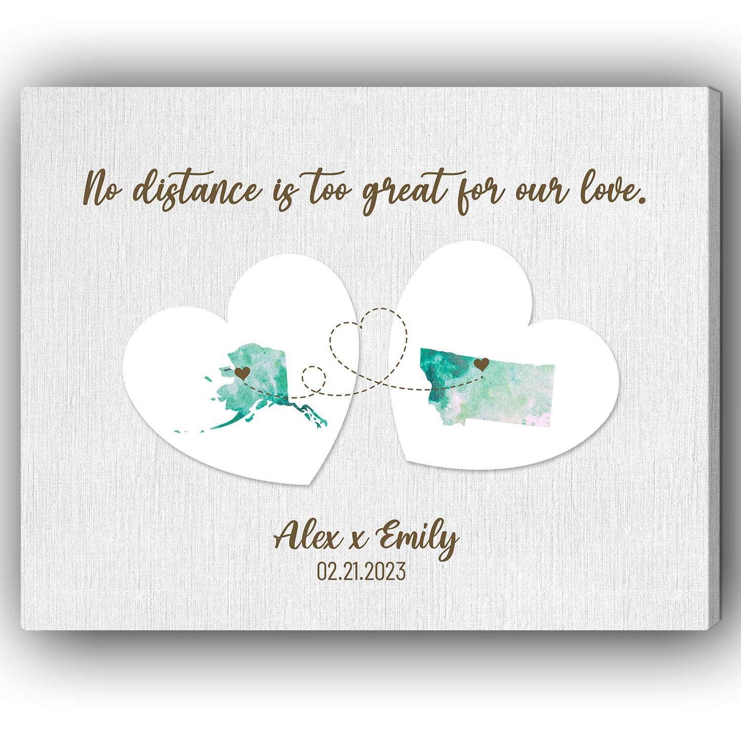 No Distance Is Too Great For Our Love - Personalized Anniversary or Valentine's Day gift for him for her - Custom Canvas - MyMindfulGifts