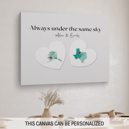 Always Under The Same Sky - Personalized Anniversary or Valentine's Day gift for Long Distance Boyfriend or Girlfriend - Custom Map Canvas - MyMindfulGifts