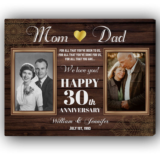 Happy 30th Wedding Anniversary - Personalized 30 Year Anniversary gift for Parents - Custom Canvas - MyMindfulGifts