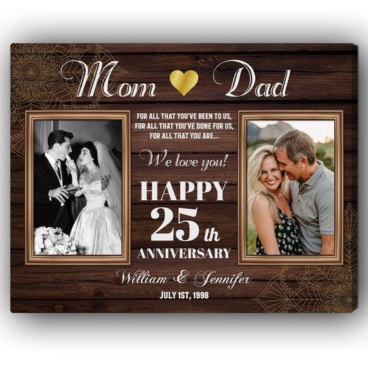 Happy 25th Year Wedding Anniversary - Personalized 25 Year Anniversary gift for Parents - Custom Canvas - MyMindfulGifts